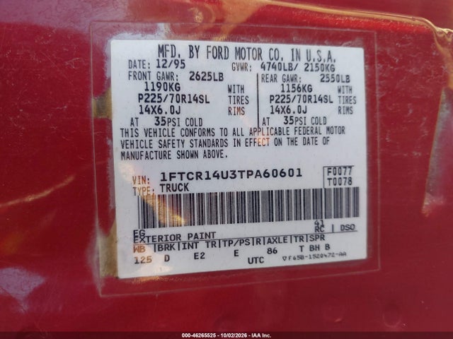 Aukcja sprzedaży 1996 Ford Ranger Super Cab, vin: 1FTCR14U3TPA60601, numer aukcji: 46265525
