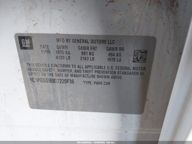 46265528 :رقم المزاد ، 1G1PG5SB0G7226636 vin ، 2016 Chevrolet Cruze Limited Ltz Auto مزاد بيع