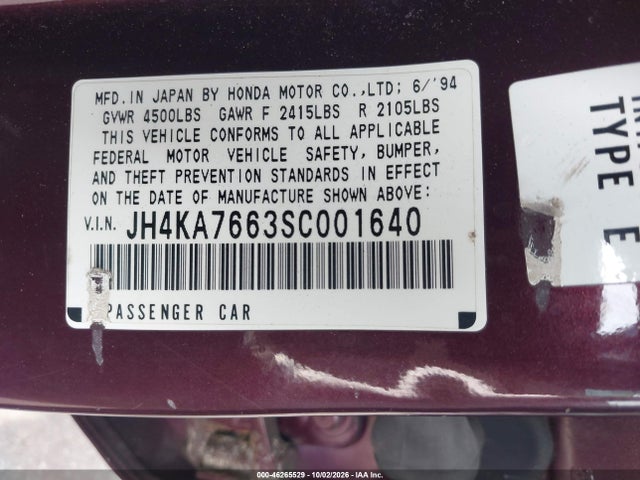 Продаж на аукціоні авто 1995 Acura Legend L, vin: JH4KA7663SC001640, номер лоту: 46265529