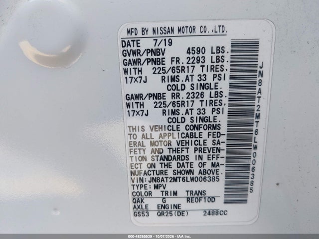 JN8AT2MT6LW006385 Nissan Rogue S Fwd