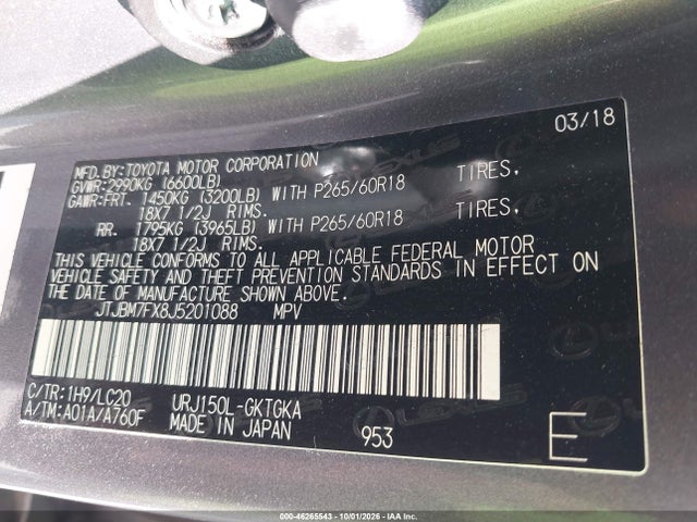 Aukcja sprzedaży 2018 Lexus Gx 460, vin: JTJBM7FX8J5201088, numer aukcji: 46265543