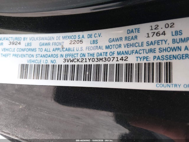 Aukcja sprzedaży 2003 Volkswagen New Beetle Gls, vin: 3VWCK21Y03M307142, numer aukcji: 46265562