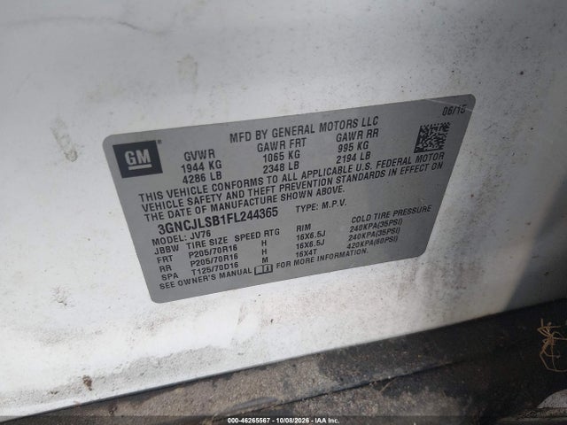 Продаж на аукціоні авто 2015 Chevrolet Trax Lt, vin: 3GNCJLSB1FL244365, номер лоту: 46265567
