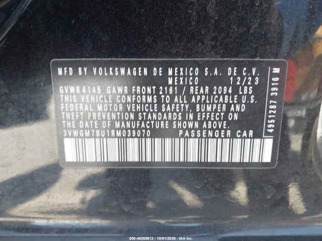 46265612 :رقم المزاد ، 3VWGM7BU1RM039070 vin ، 2024 Volkswagen Jetta 1.5t Sel مزاد بيع