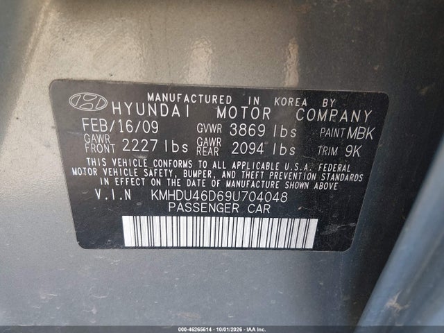 46265614 :رقم المزاد ، KMHDU46D69U704048 vin ، 2009 Hyundai Elantra Gls مزاد بيع