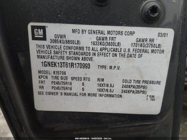 Продажа на аукционе авто 2001 Chevrolet Tahoe Ls, vin: 1GNEK13T61R170993, номер лота: 46265616