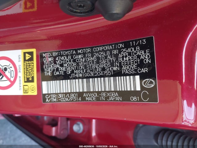 2014 Lexus Es 300h მანქანა იყიდება აუქციონზე, vin: JTHBW1GG3E2047551, აუქციონის ნომერი: 46265636