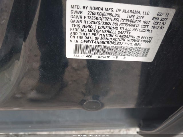 Продажа на аукционе авто 2012 Honda Pilot Ex-l, vin: 5FNYF4H68CB045937, номер лота: 46265652