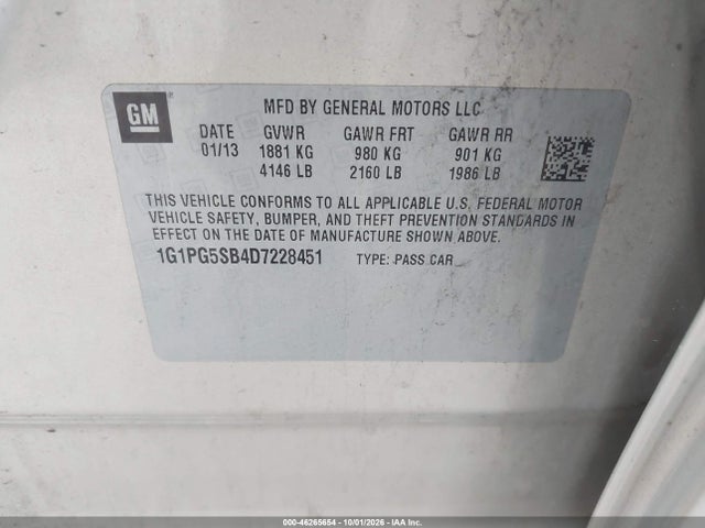 46265654 :رقم المزاد ، 1G1PG5SB4D7228451 vin ، 2013 Chevrolet Cruze Ltz مزاد بيع