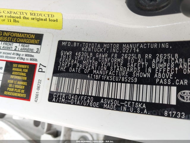 2014 Toyota Camry Se მანქანა იყიდება აუქციონზე, vin: 4T1BF1FK5EU785259, აუქციონის ნომერი: 46265664