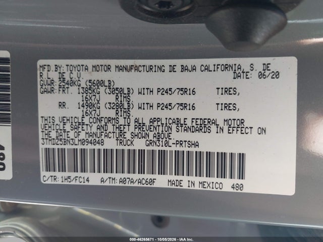 Продажа на аукционе авто 2020 Toyota Tacoma Sr5 V6, vin: 3TMDZ5BN3LM094048, номер лота: 46265671