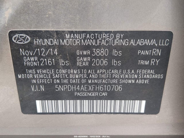 Продажа на аукционе авто 2015 Hyundai Elantra Se, vin: 5NPDH4AEXFH610706, номер лота: 46265690