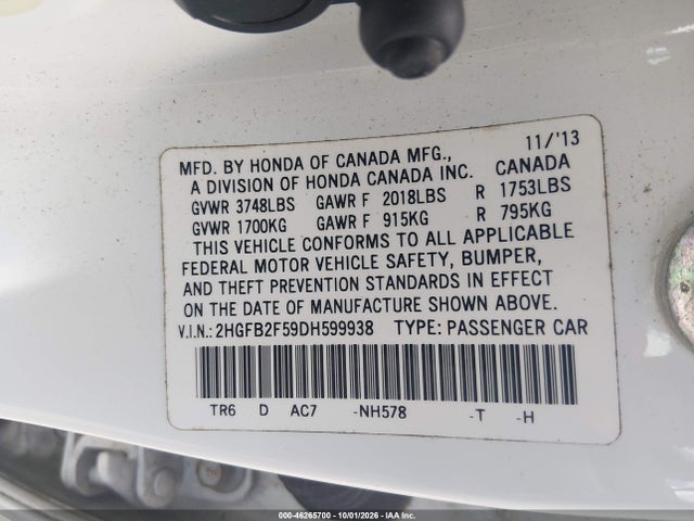 Продажа на аукционе авто 2013 Honda Civic Lx, vin: 2HGFB2F59DH599938, номер лота: 46265700