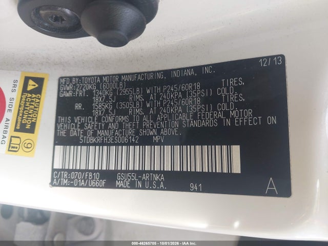 Aukcja sprzedaży 2014 Toyota Highlander Le V6, vin: 5TDBKRFH3ES006142, numer aukcji: 46265705