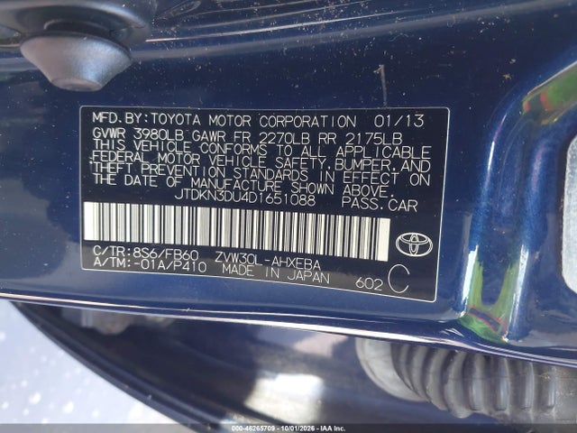 46265709 :رقم المزاد ، JTDKN3DU4D1651088 vin ، 2013 Toyota Prius Two مزاد بيع