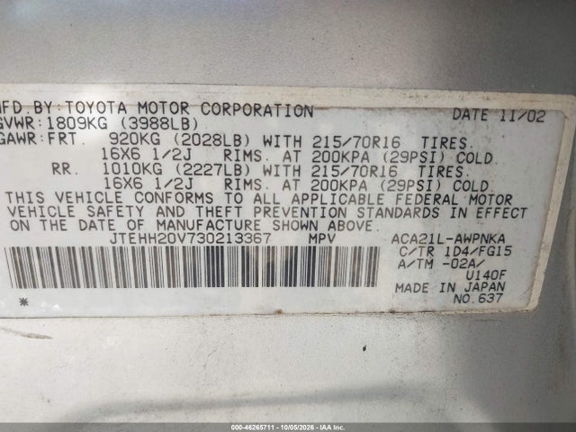 Продаж на аукціоні авто 2003 Toyota Rav4, vin: JTEHH20V730213367, номер лоту: 46265711