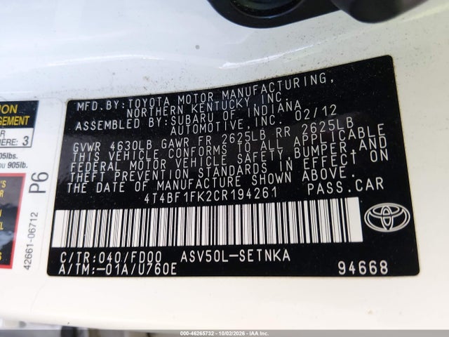 Aukcja sprzedaży 2012 Toyota Camry Le, vin: 4T4BF1FK2CR194261, numer aukcji: 46265732