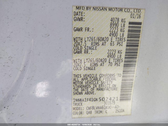 Продажа на аукционе авто 2016 Nissan Titan Xd Sl Diesel, vin: 1N6BA1F41GN502421, номер лота: 46265734