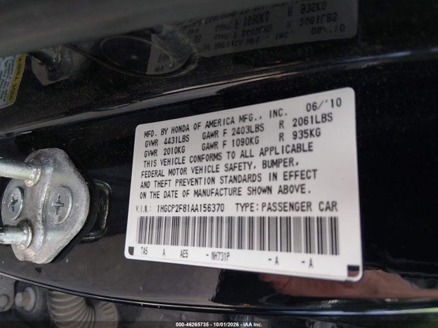 2010 Honda Accord 2.4 Ex-l მანქანა იყიდება აუქციონზე, vin: 1HGCP2F81AA156370, აუქციონის ნომერი: 46265735