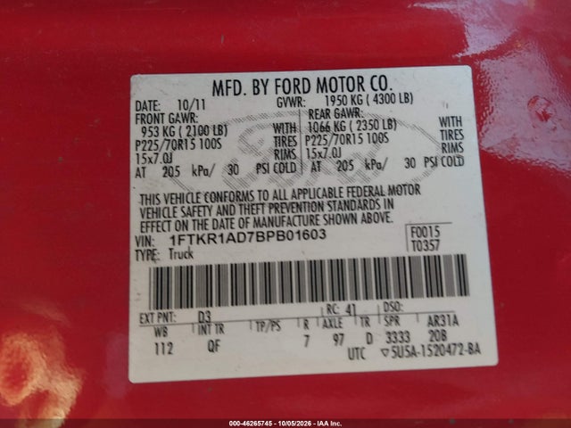 Продажа на аукционе авто 2011 Ford Ranger Xl, vin: 1FTKR1AD7BPB01603, номер лота: 46265745