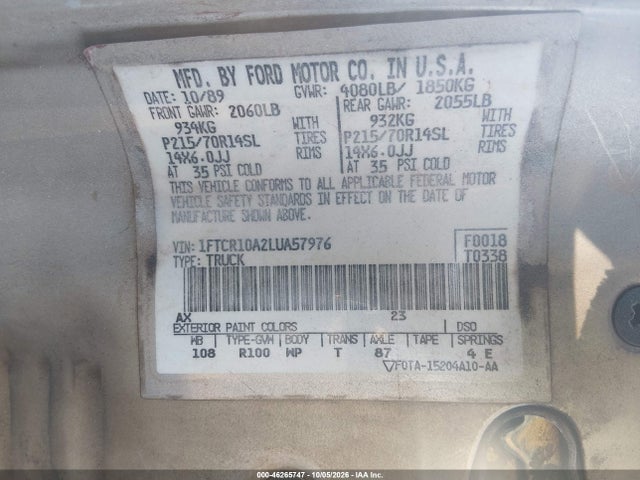 Продажа на аукционе авто 1990 Ford Ranger, vin: 1FTCR10A2LUA57976, номер лота: 46265747