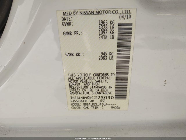 Nissan Altima 2.5 S 2019 1N4BL4BV0KC225090 Image 9