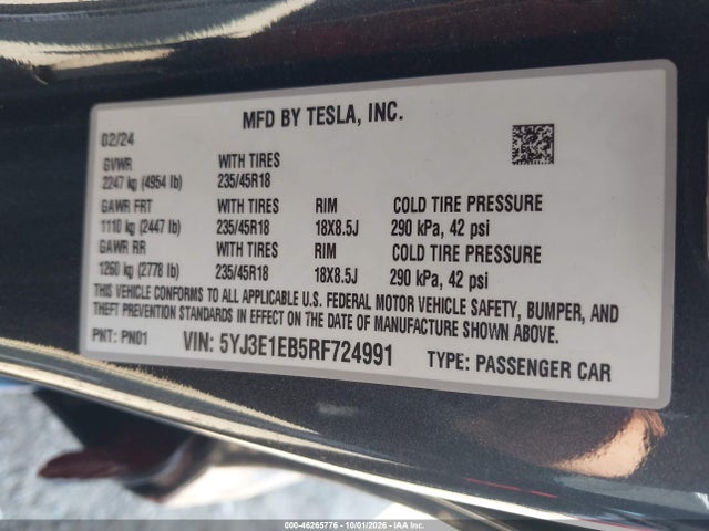 Продаж на аукціоні авто 2024 Tesla Modelo 3 Long Range Dual Motor All-wheel Drive, vin: 5YJ3E1EB5RF724991, номер лоту: 46265776