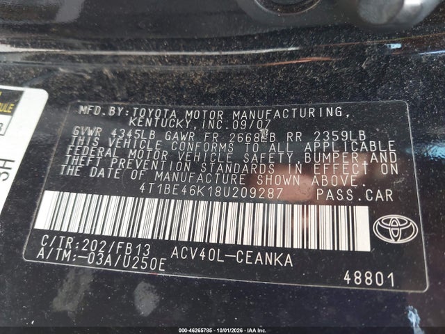 Aukcja sprzedaży 2008 Toyota Camry Le, vin: 4T1BE46K18U209287, numer aukcji: 46265785