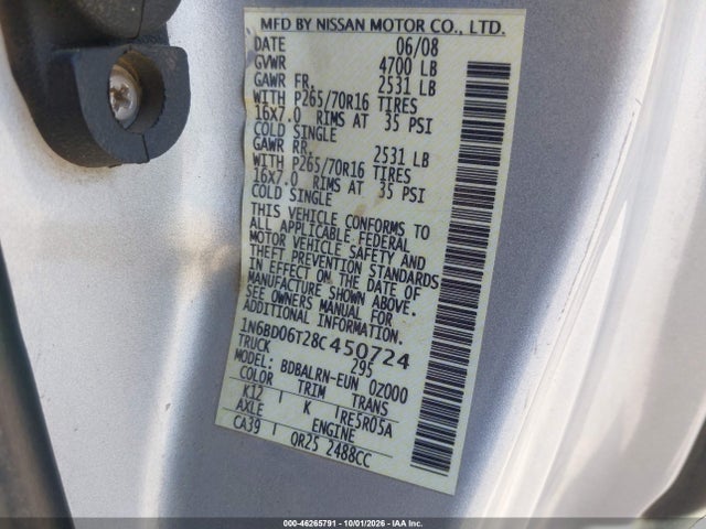 Продаж на аукціоні авто 2008 Nissan Frontier Se-i4, vin: 1N6BD06T28C450724, номер лоту: 46265791