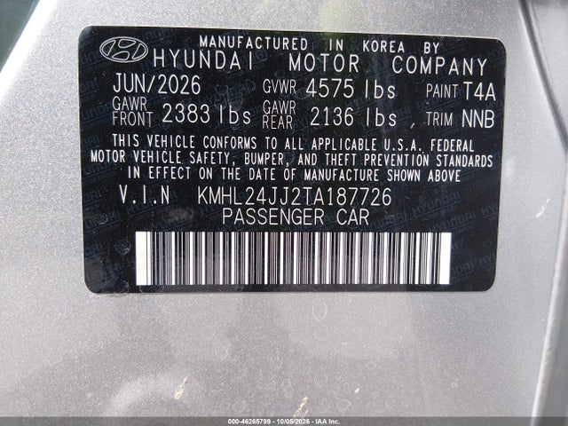Продажа на аукционе авто 2026 Hyundai Sonata Hybrid Blue, vin: KMHL24JJ2TA187726, номер лота: 46265799
