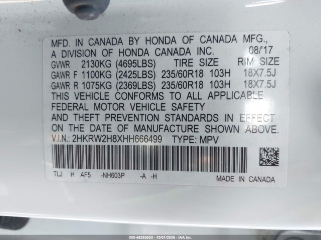 2HKRW2H8XHH666499 Honda Cr-v Ex-l/ex-l Navi