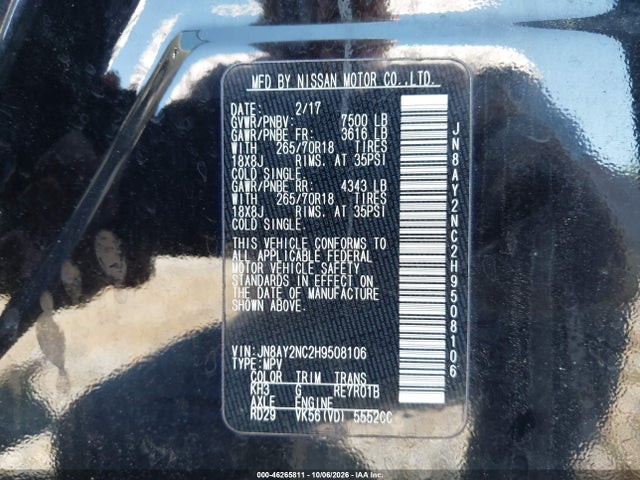 Продажа на аукционе авто 2017 Nissan Armada Sv, vin: JN8AY2NC2H9508106, номер лота: 46265811