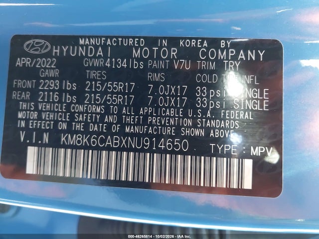 2022 Hyundai Kona Sel მანქანა იყიდება აუქციონზე, vin: KM8K6CABXNU914650, აუქციონის ნომერი: 46265814