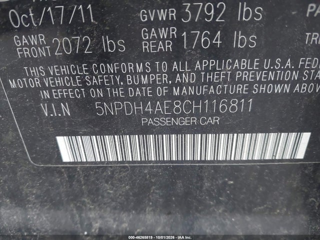 Продаж на аукціоні авто 2012 Hyundai Elantra Gls, vin: 5NPDH4AE8CH116811, номер лоту: 46265819