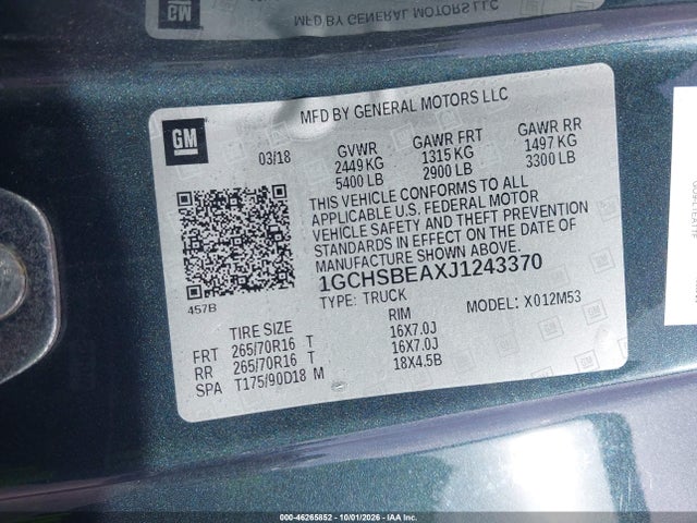 46265852 :رقم المزاد ، 1GCHSBEAXJ1243370 vin ، 2018 Chevrolet Colorado Wt مزاد بيع