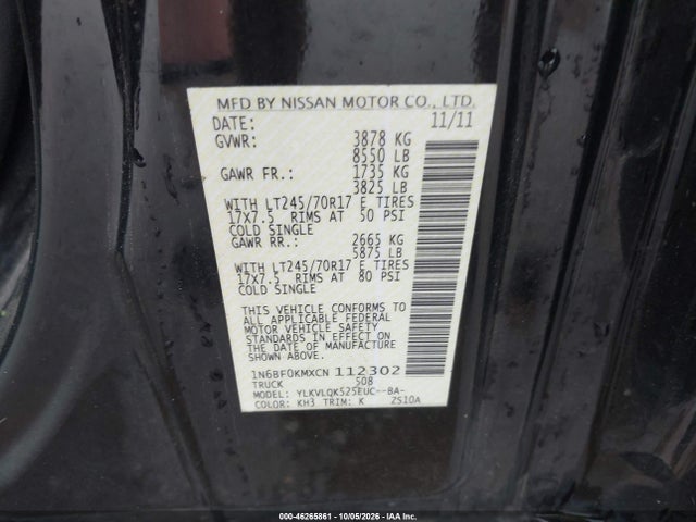Продажа на аукционе авто 2012 Nissan Nv 1500 Nv1500 S V6, vin: 1N6BF0KMXCN112302, номер лота: 46265861