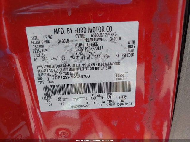 46265893 :رقم المزاد ، 1FTRF12297KC86763 vin ، 2007 Ford F-150 Stx/xl/xlt مزاد بيع