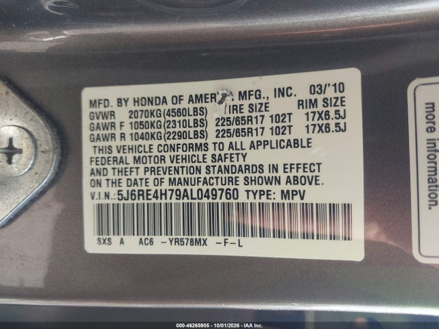46265905 :رقم المزاد ، 5J6RE4H79AL049760 vin ، 2010 Honda Cr-v Ex-l مزاد بيع