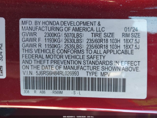 Aukcja sprzedaży 2024 Honda Cr-v Hybrid Sport-l, vin: 5J6RS6H84RL026993, numer aukcji: 46265912