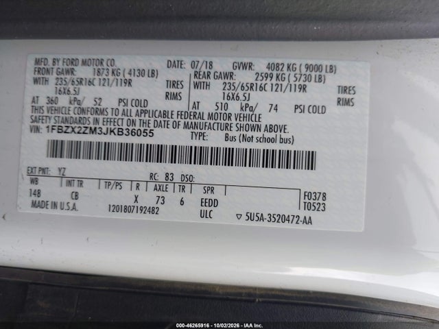 Продаж на аукціоні авто 2018 Ford Transit-350 Xl, vin: 1FBZX2ZM3JKB36055, номер лоту: 46265916
