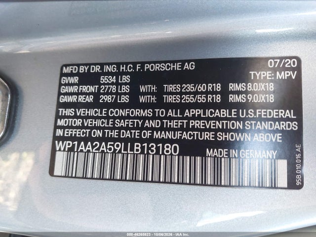 Продаж на аукціоні авто 2020 Porsche Macan, vin: WP1AA2A59LLB13180, номер лоту: 46265923