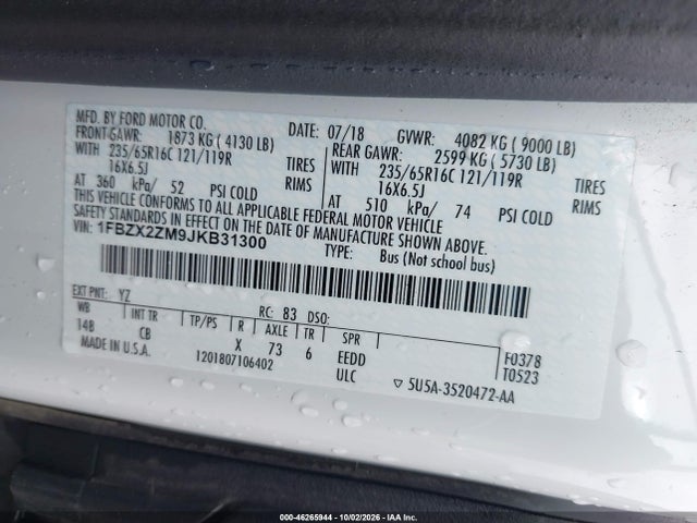 Продажа на аукционе авто 2018 Ford Transit-350 Xl, vin: 1FBZX2ZM9JKB31300, номер лота: 46265944