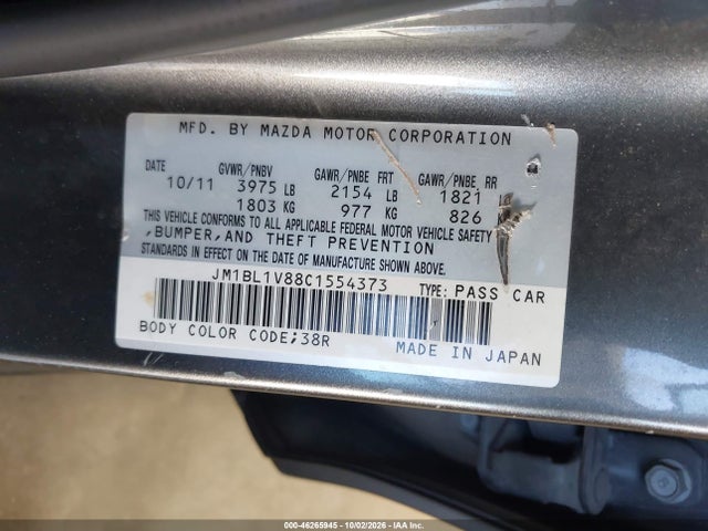 Aukcja sprzedaży 2012 Mazda Mazda3 I Touring, vin: JM1BL1V88C1554373, numer aukcji: 46265945