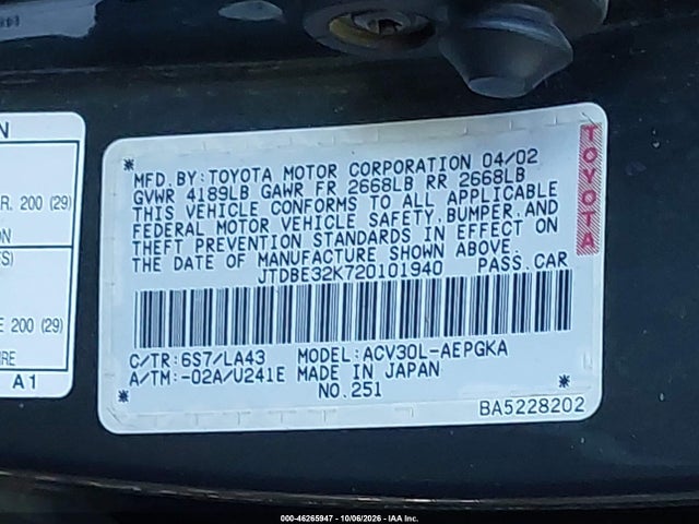 46265947 :رقم المزاد ، JTDBE32K720101940 vin ، 2002 Toyota Camry Xle مزاد بيع