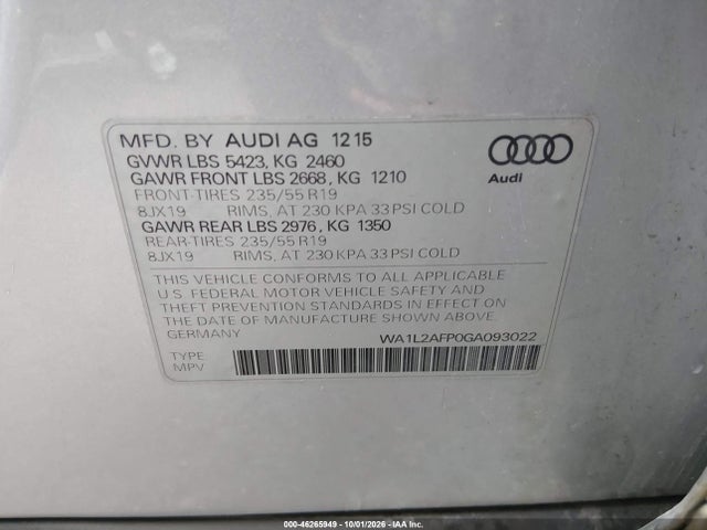 46265949 :رقم المزاد ، WA1L2AFP0GA093022 vin ، 2016 Audi Q5 2.0t Premium مزاد بيع