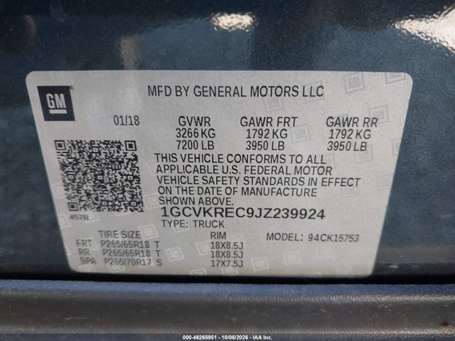 Продаж на аукціоні авто 2018 Chevrolet Silverado 1500 2lt, vin: 1GCVKREC9JZ239924, номер лоту: 46265951
