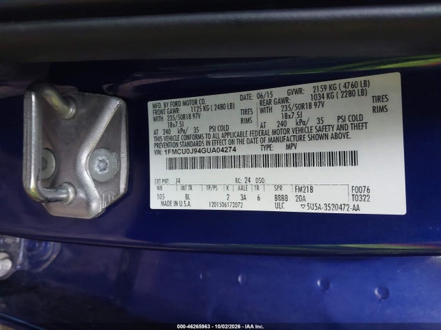 46265963 :رقم المزاد ، 1FMCU0J94GUA04274 vin ، 2016 Ford Escape Titanium مزاد بيع