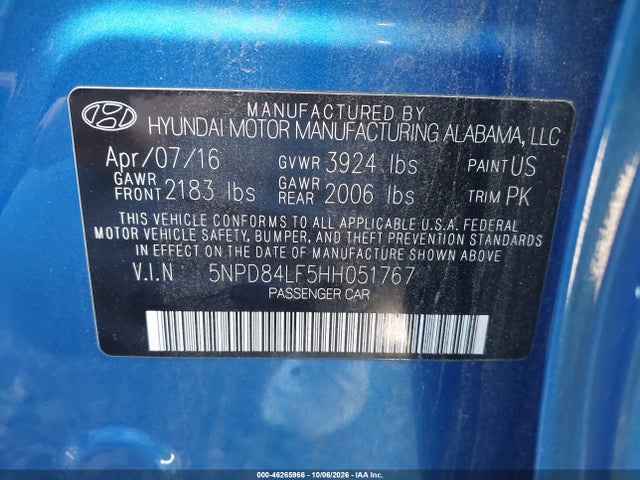 46265966 :رقم المزاد ، 5NPD84LF5HH051767 vin ، 2017 Hyundai Elantra Limited مزاد بيع