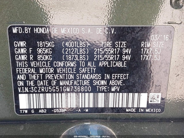 Продаж на аукціоні авто 2016 Honda Hr-v Ex, vin: 3CZRU5G51GM736800, номер лоту: 46265982