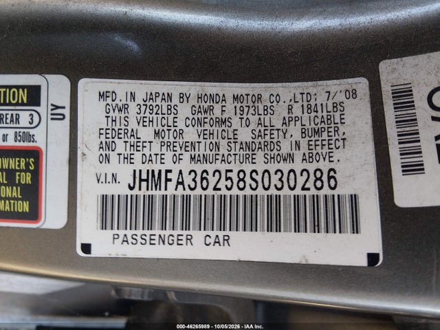 Aukcja sprzedaży 2008 Honda Civic Hybrid, vin: JHMFA36258S030286, numer aukcji: 46265989